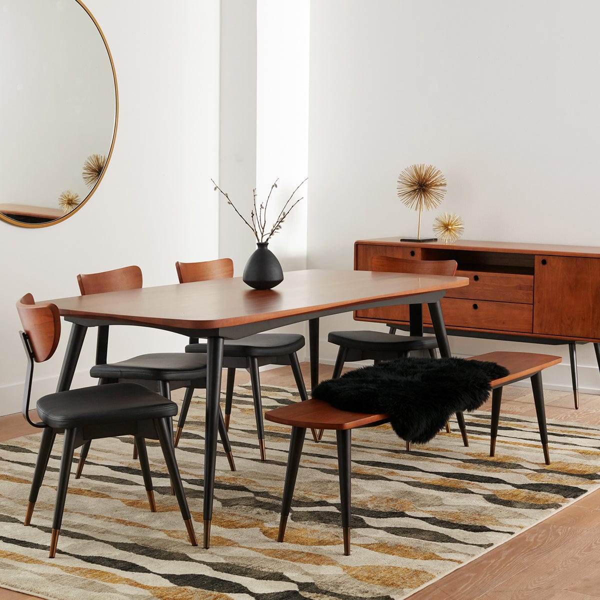 Dining table, chairs, and bench